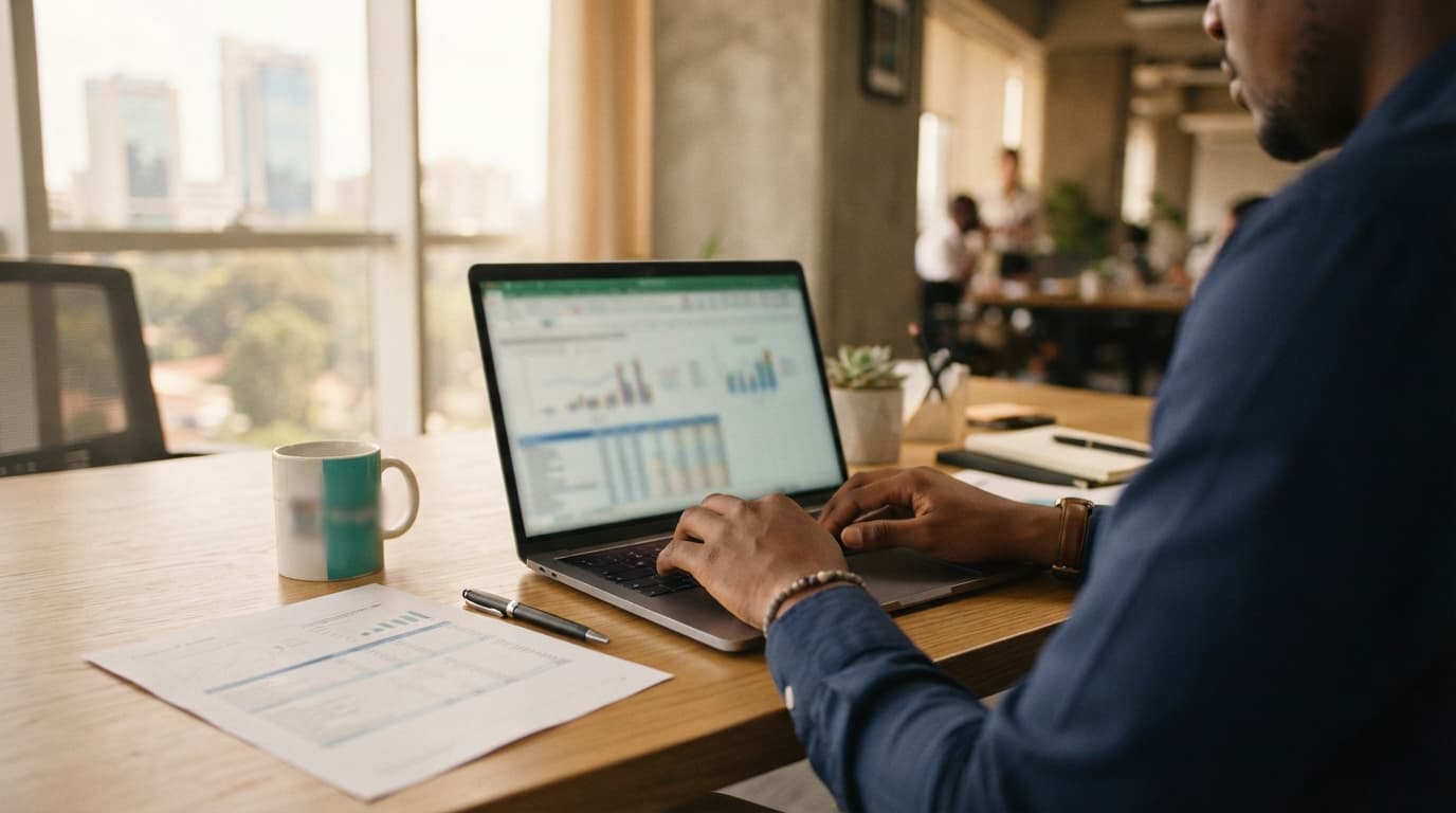 An accountant reviewing a financial spreadsheet on a laptop, with a printed report and pen on the desk in a bright office.