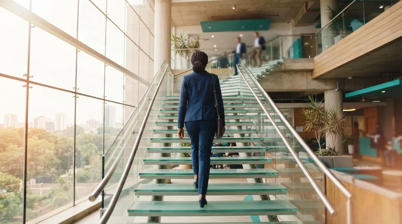 A professional in a suit climbing a glass staircase in a bright, modern corporate atrium.