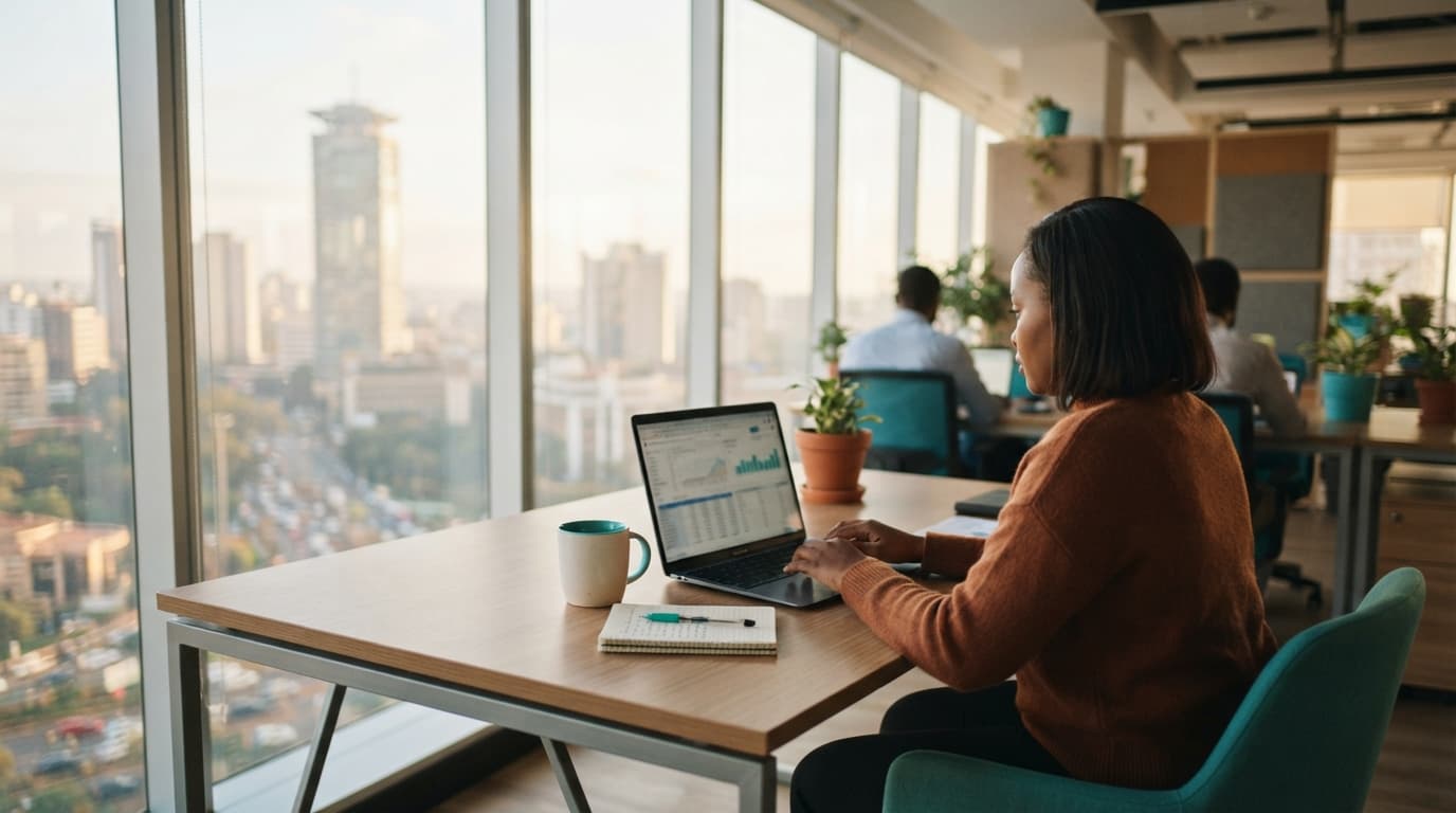 An accountant working on a laptop spreadsheet at a desk in a bright modern Nairobi office, with the city skyline through the window.