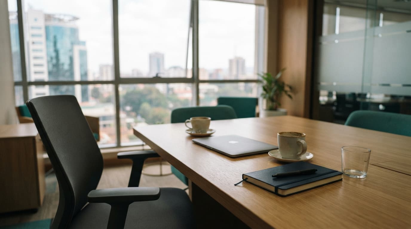A modern meeting room table set for an interview with a laptop, two coffee cups and a notebook, overlooking the Nairobi skyline.