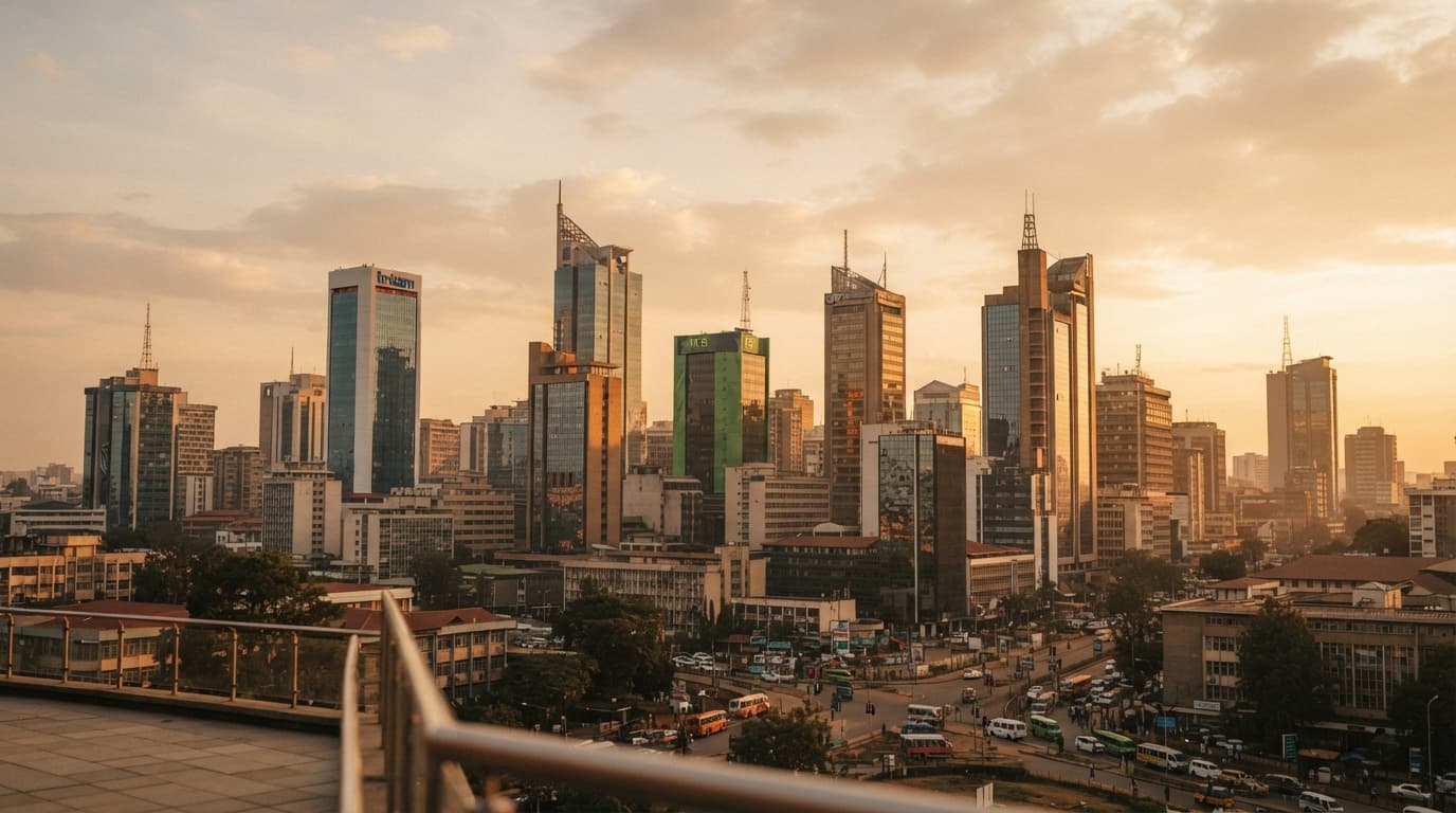 The Nairobi central business district skyline at golden hour, with glass office towers above busy streets.