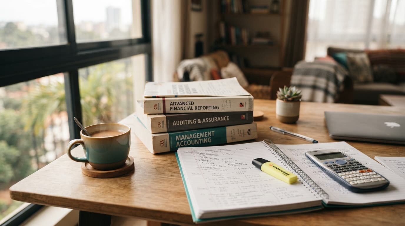 CPA study materials on a desk: textbooks on financial reporting, auditing and management accounting beside a calculator, handwritten notes and a cup of tea.