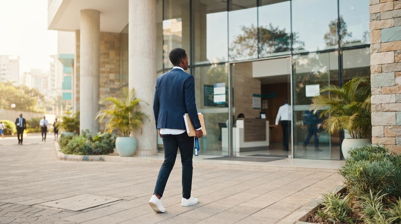 A young graduate in a blazer walking toward the glass entrance of a modern office building, holding a folder and an ID lanyard.