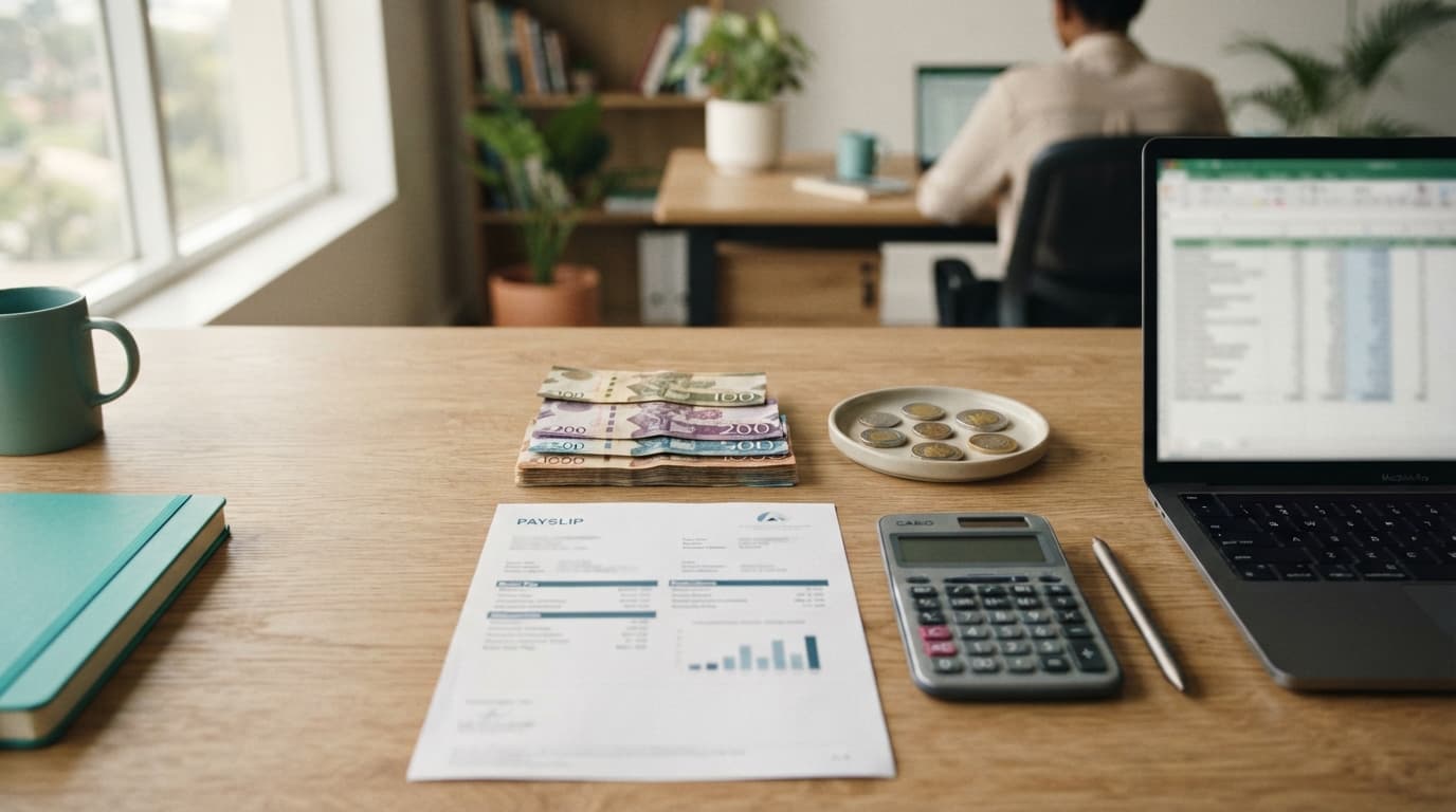 Kenyan shilling banknotes and coins beside a payslip, a calculator and a laptop spreadsheet on an office desk.